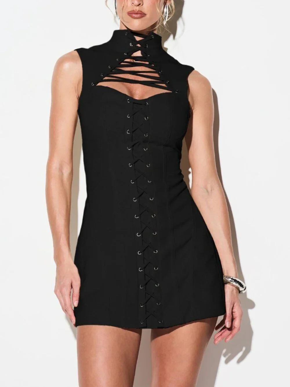 Black Party Women's Corseted High Neck Lace Up Mini Dress With Cutout